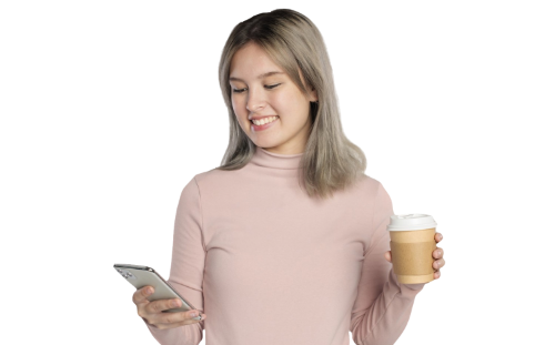 Girl Holding phone and coffee cup